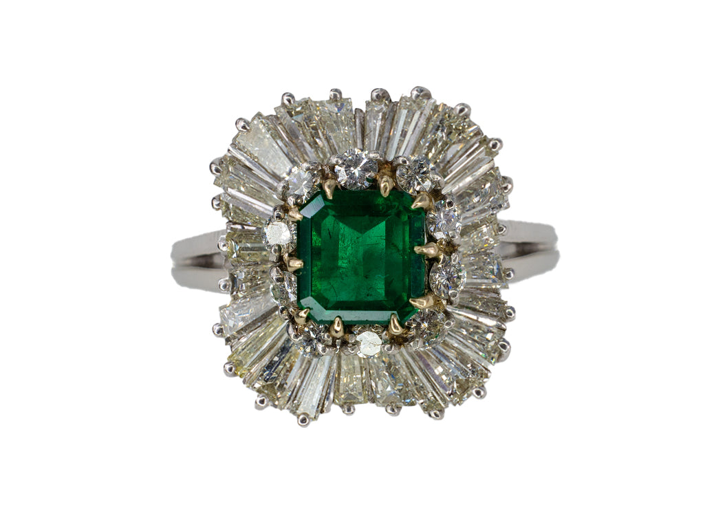 Platinum Emerald-Cut Emerald and Double-Halo Ballerina Ring