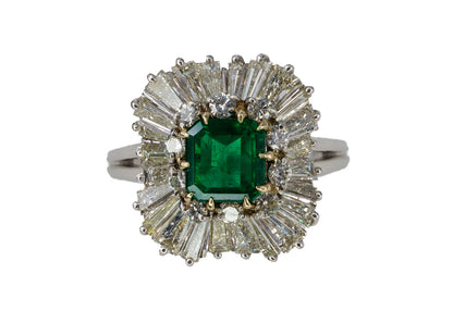 Platinum Emerald-Cut Emerald and Double-Halo Ballerina Ring