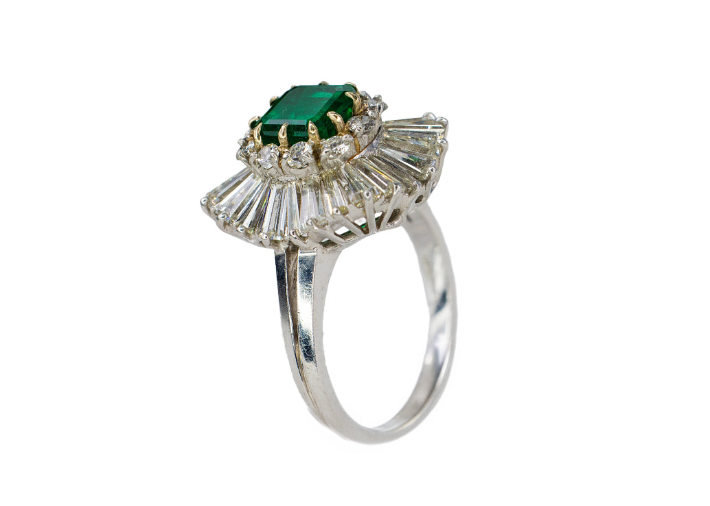 Platinum Emerald-Cut Emerald and Double-Halo Ballerina Ring