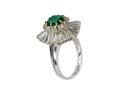 Platinum Emerald-Cut Emerald and Double-Halo Ballerina Ring