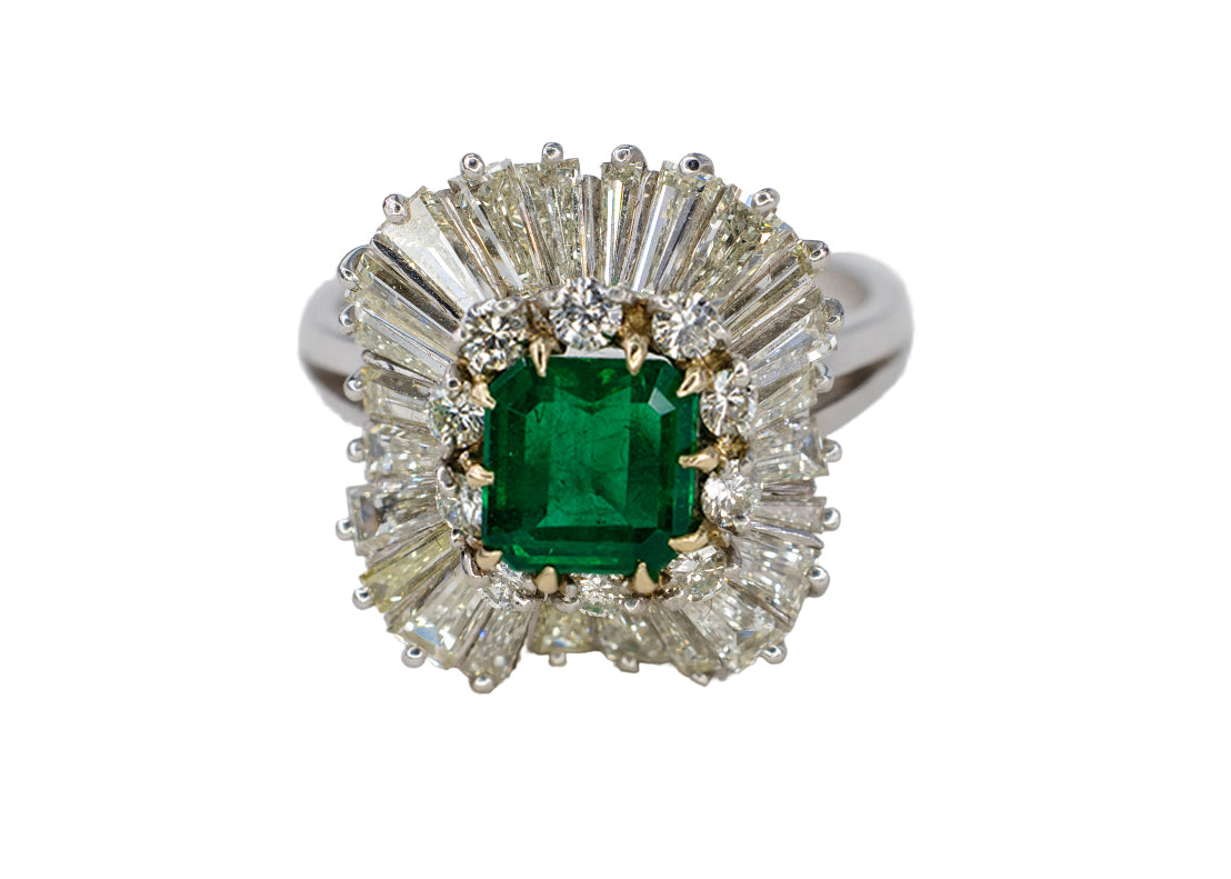 Platinum Emerald-Cut Emerald and Double-Halo Ballerina Ring