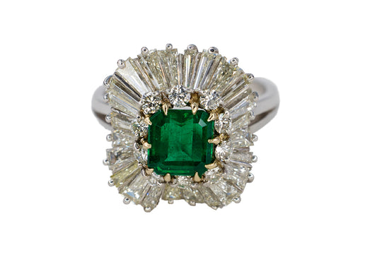 Platinum Emerald-Cut Emerald and Double-Halo Ballerina Ring
