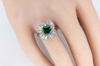 Platinum Emerald-Cut Emerald and Double-Halo Ballerina Ring