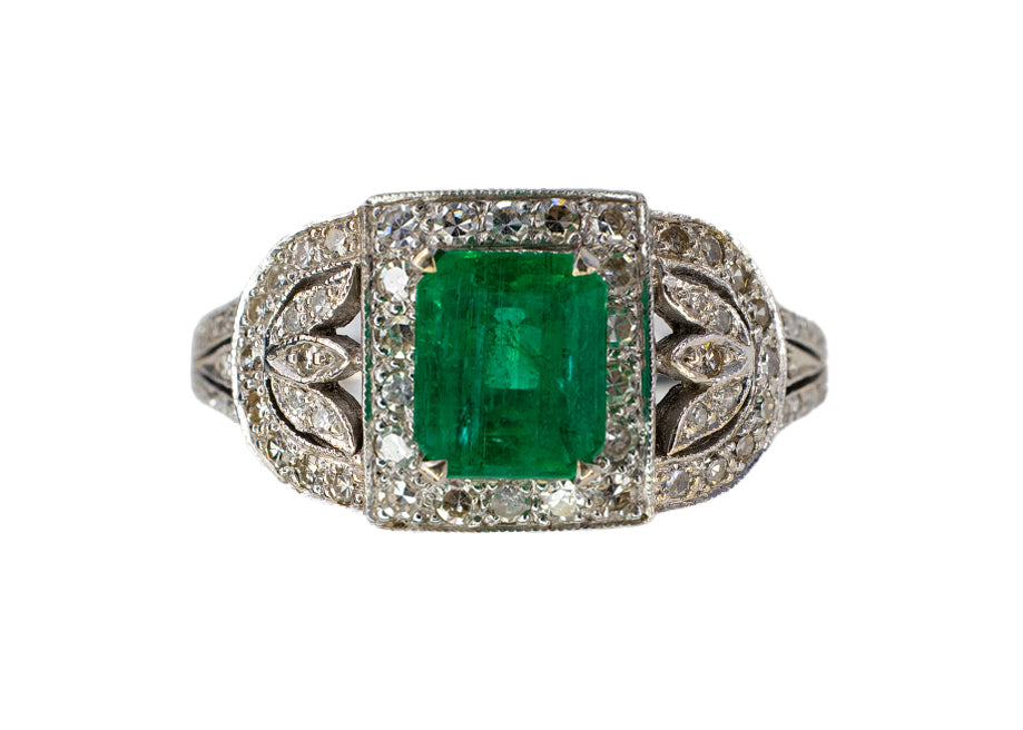 White Gold Emerald-Cut Emerald and Diamond Art Deco Style Cluster Ring