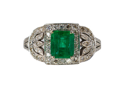 White Gold Emerald-Cut Emerald and Diamond Art Deco Style Cluster Ring
