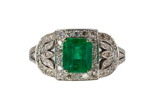White Gold Emerald-Cut Emerald and Diamond Art Deco Style Cluster Ring