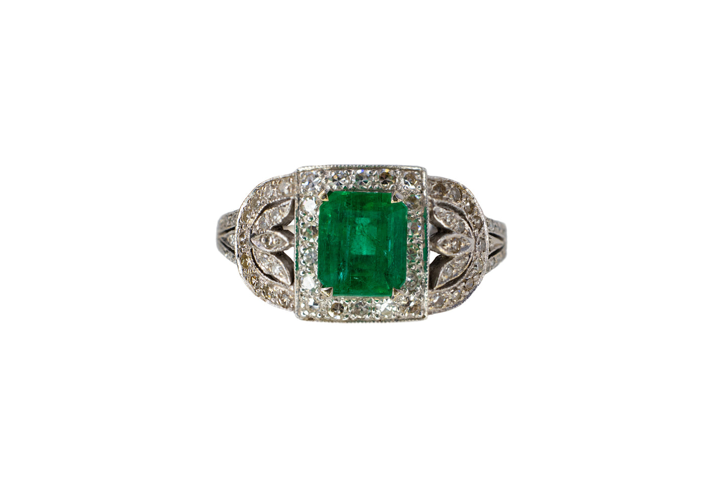 White Gold Emerald-Cut Emerald and Diamond Art Deco Style Cluster Ring