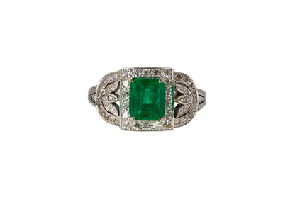 White Gold Emerald-Cut Emerald and Diamond Art Deco Style Cluster Ring