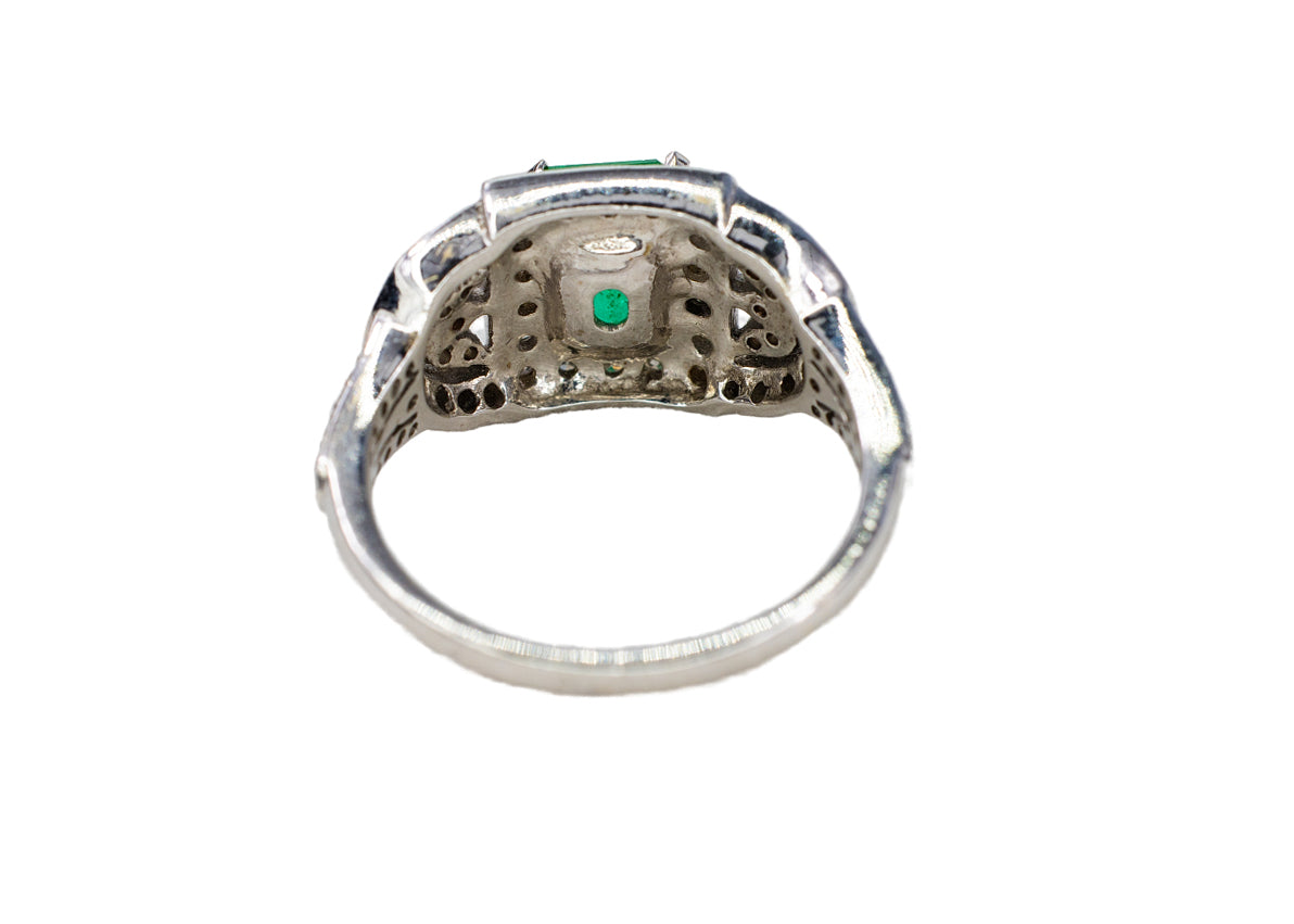 White Gold Emerald-Cut Emerald and Diamond Art Deco Style Cluster Ring
