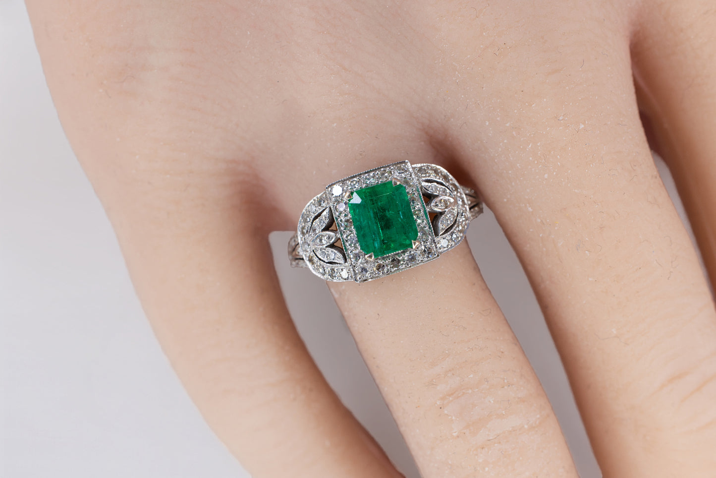 White Gold Emerald-Cut Emerald and Diamond Art Deco Style Cluster Ring
