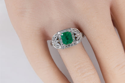 White Gold Emerald-Cut Emerald and Diamond Art Deco Style Cluster Ring