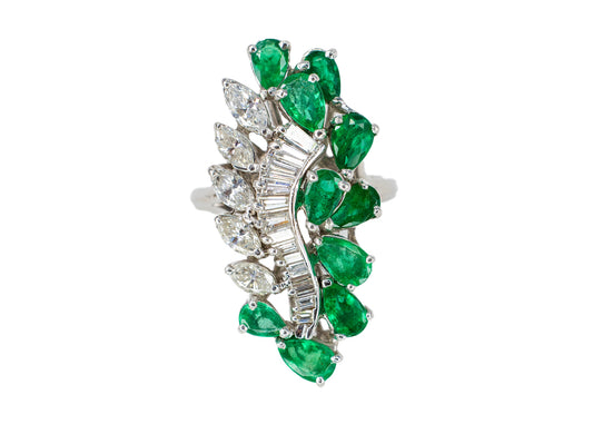 Platinum Multi Cut Diamond & Emerald Cocktail Ring