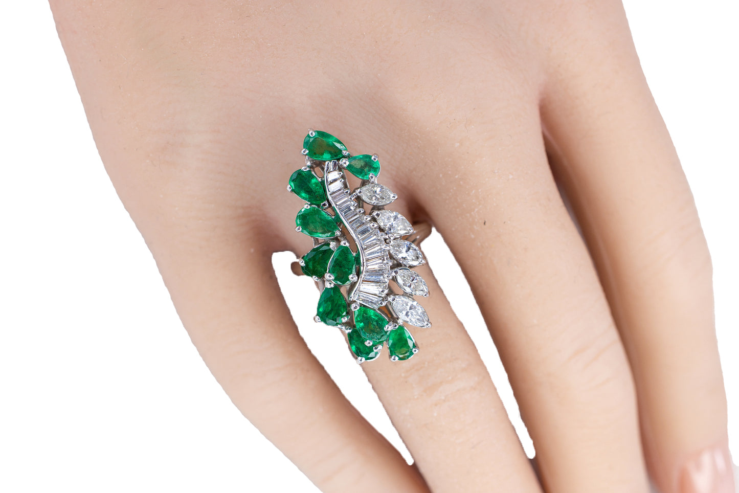 Platinum Multi Cut Diamond & Emerald Cocktail Ring