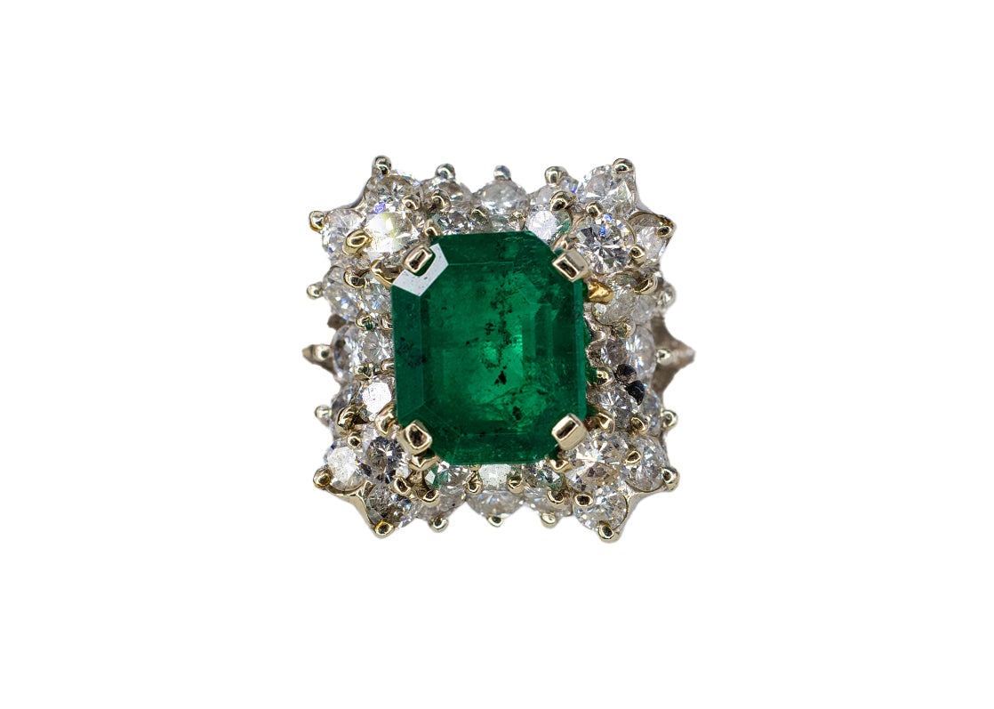 White Gold Emerald-Cut Emerald and Tiered Diamond Halo Cluster Ring