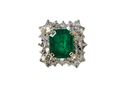White Gold Emerald-Cut Emerald and Tiered Diamond Halo Cluster Ring
