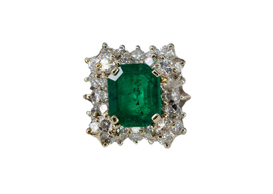 White Gold Emerald-Cut Emerald and Tiered Diamond Halo Cluster Ring
