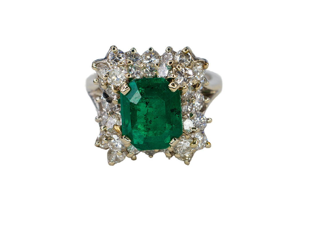 White Gold Emerald-Cut Emerald and Tiered Diamond Halo Cluster Ring