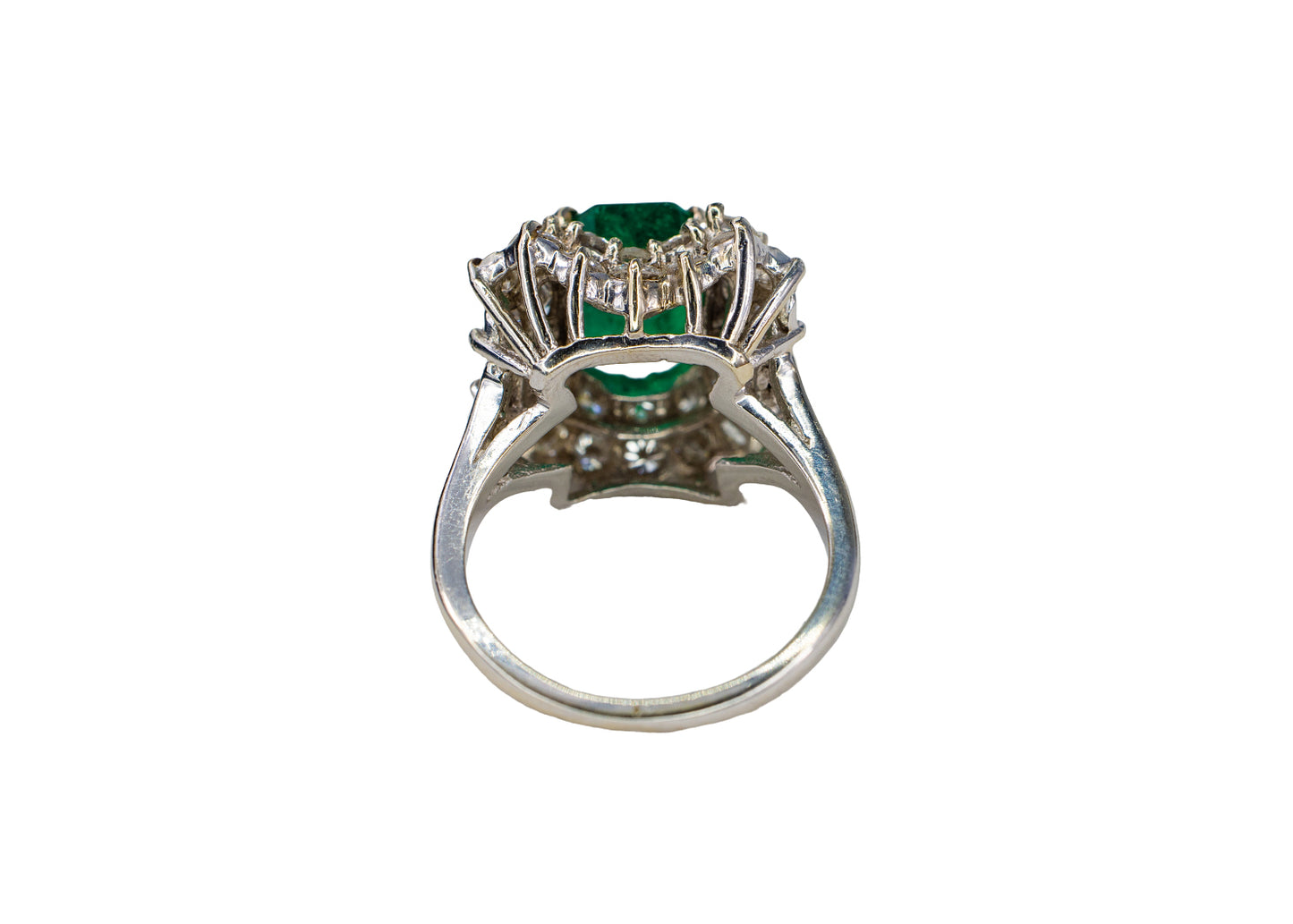 White Gold Emerald-Cut Emerald and Tiered Diamond Halo Cluster Ring