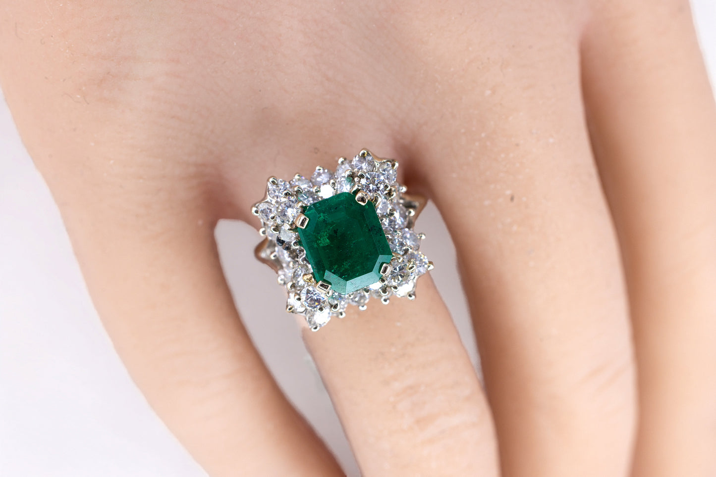 White Gold Emerald-Cut Emerald and Tiered Diamond Halo Cluster Ring