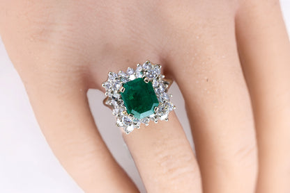 White Gold Emerald-Cut Emerald and Tiered Diamond Halo Cluster Ring