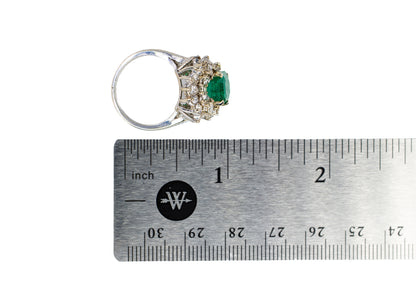 White Gold Emerald-Cut Emerald and Tiered Diamond Halo Cluster Ring