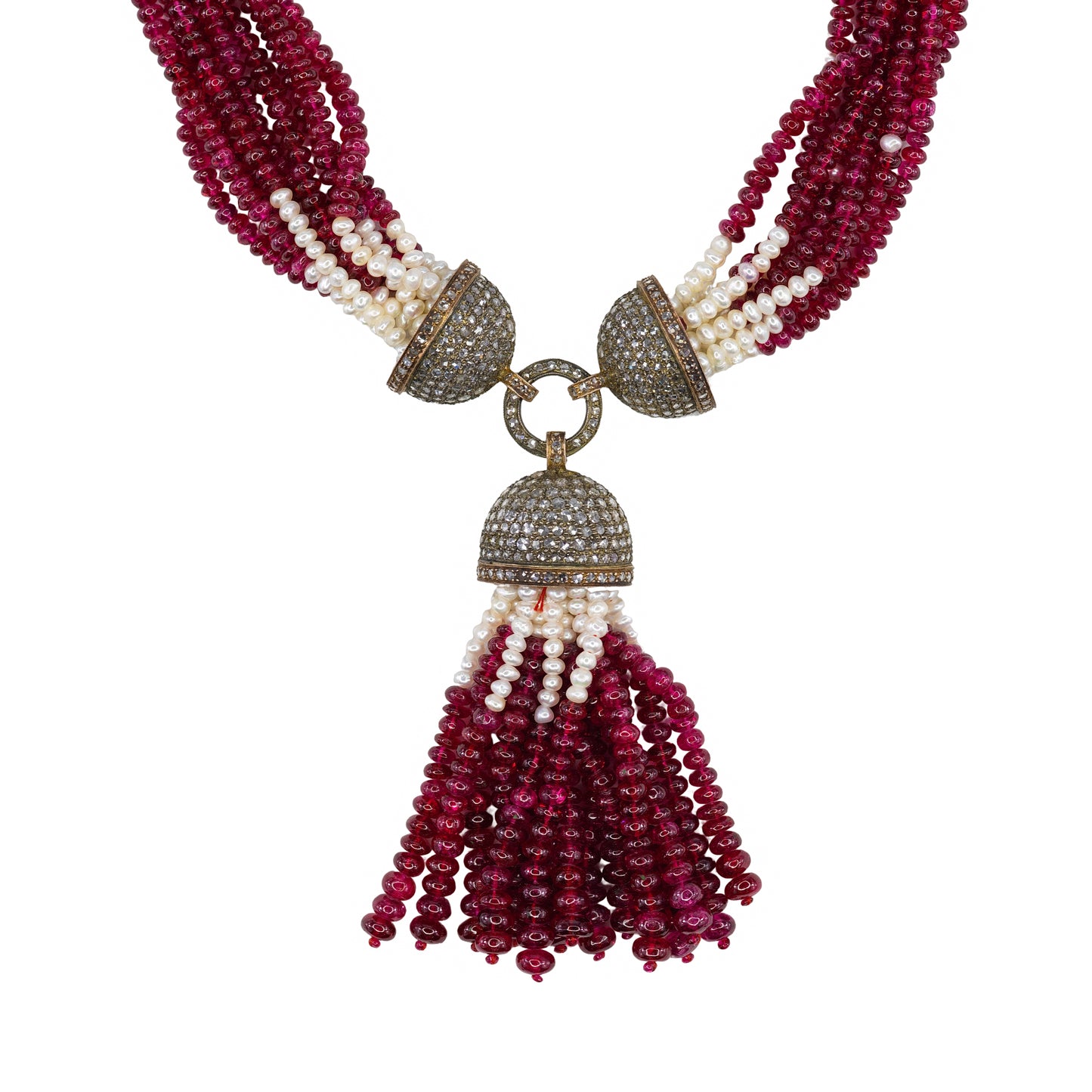 Spinel, Pearl & Diamond Multi Strand Tassel Necklace