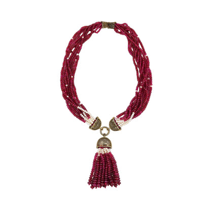 Spinel, Pearl & Diamond Multi Strand Tassel Necklace