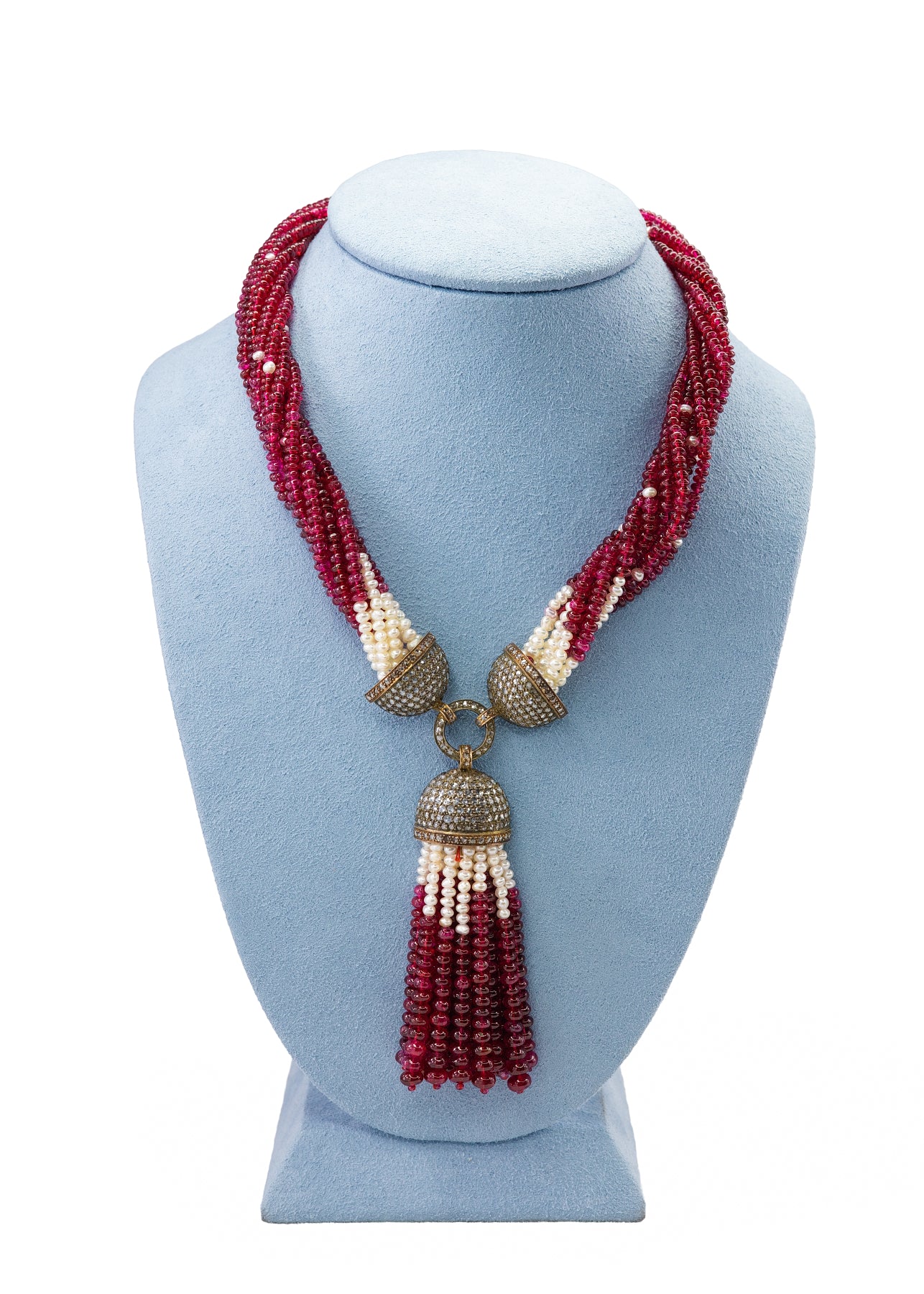 Spinel, Pearl & Diamond Multi Strand Tassel Necklace