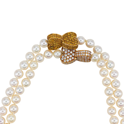 Van Cleef & Arpels Pearl Strand Necklace Yellow Sapphire & Diamond Double Heart Clasp