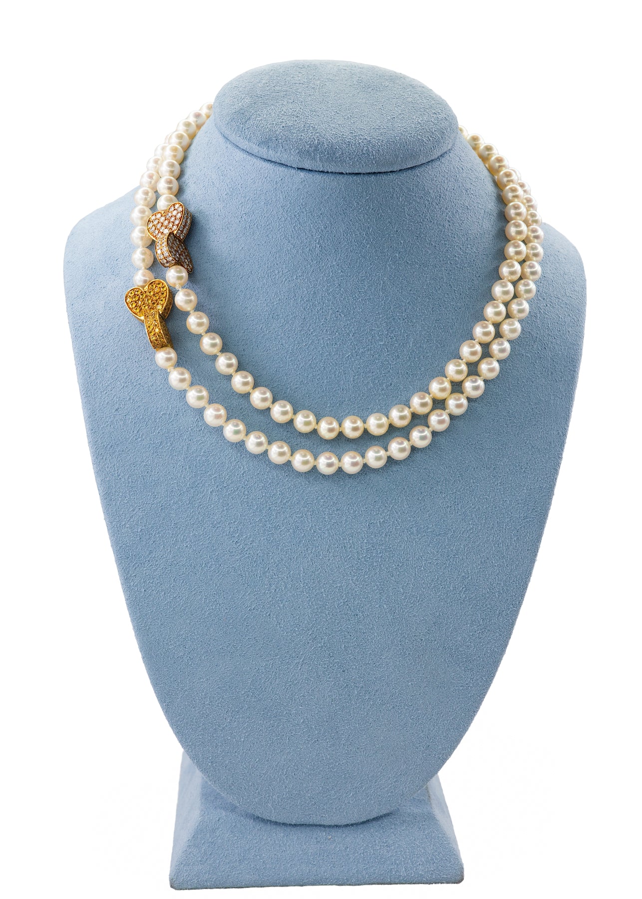 Van Cleef & Arpels Pearl Strand Necklace Yellow Sapphire & Diamond Double Heart Clasp