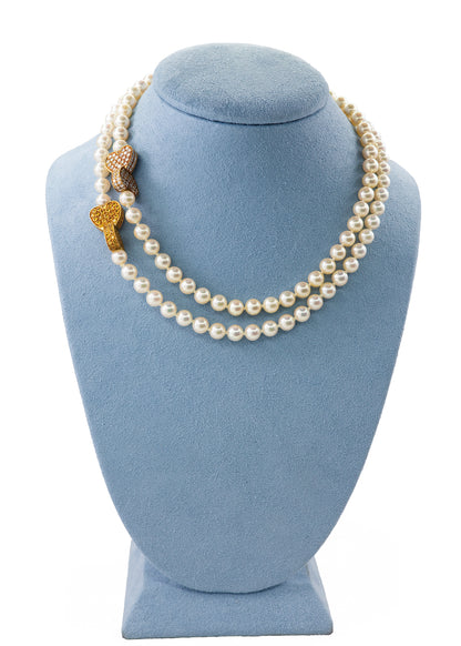 Van Cleef & Arpels Pearl Strand Necklace Yellow Sapphire & Diamond Double Heart Clasp