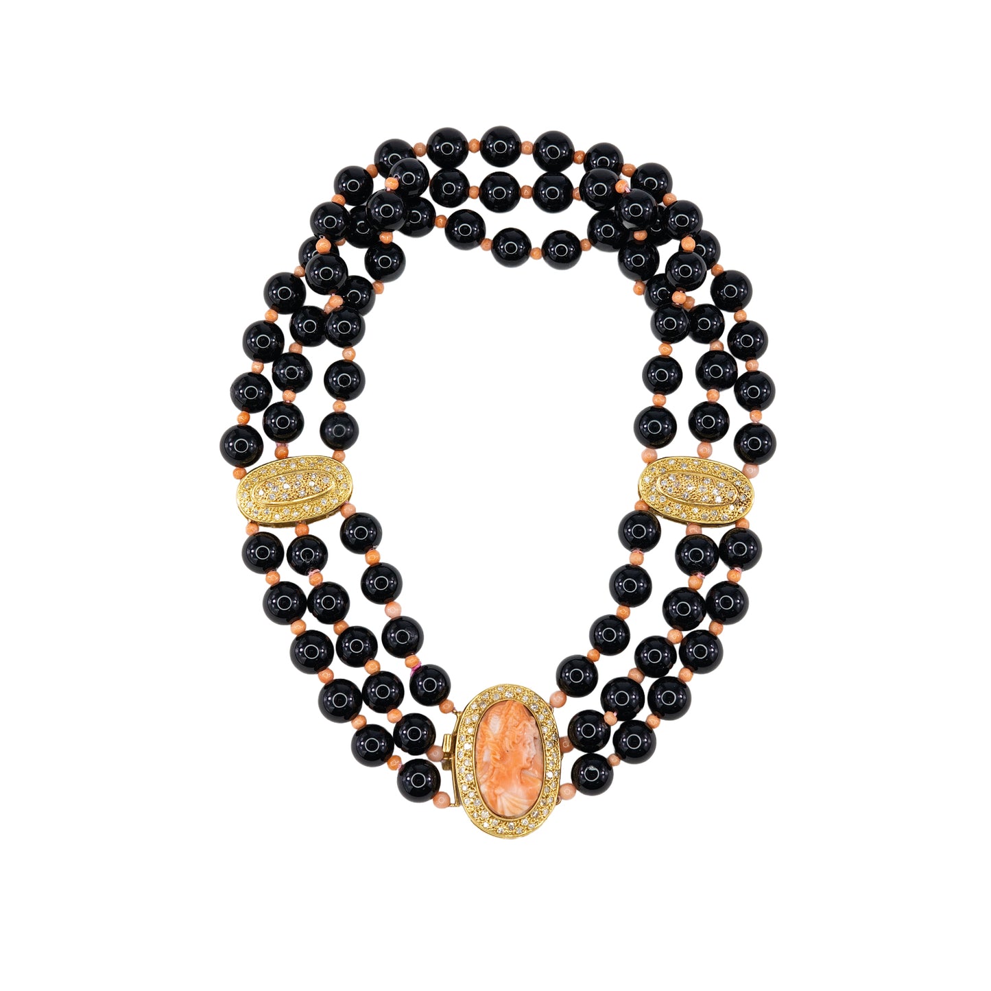 Yellow Gold, Black Onyx, Coral Cameo, and Diamond Three-Strand Statement Necklace