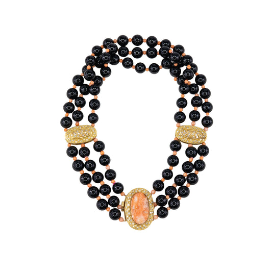 Yellow Gold, Black Onyx, Coral Cameo, and Diamond Three-Strand Statement Necklace