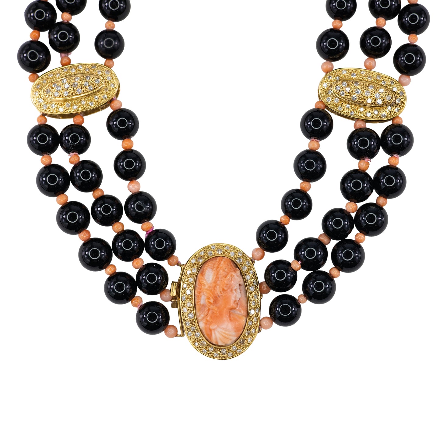 Yellow Gold, Black Onyx, Coral Cameo, and Diamond Three-Strand Statement Necklace