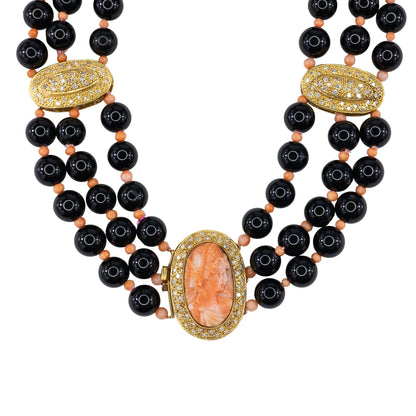 Yellow Gold, Black Onyx, Coral Cameo, and Diamond Three-Strand Statement Necklace