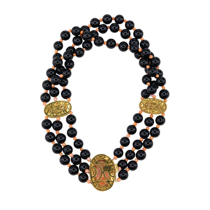 Yellow Gold, Black Onyx, Coral Cameo, and Diamond Three-Strand Statement Necklace