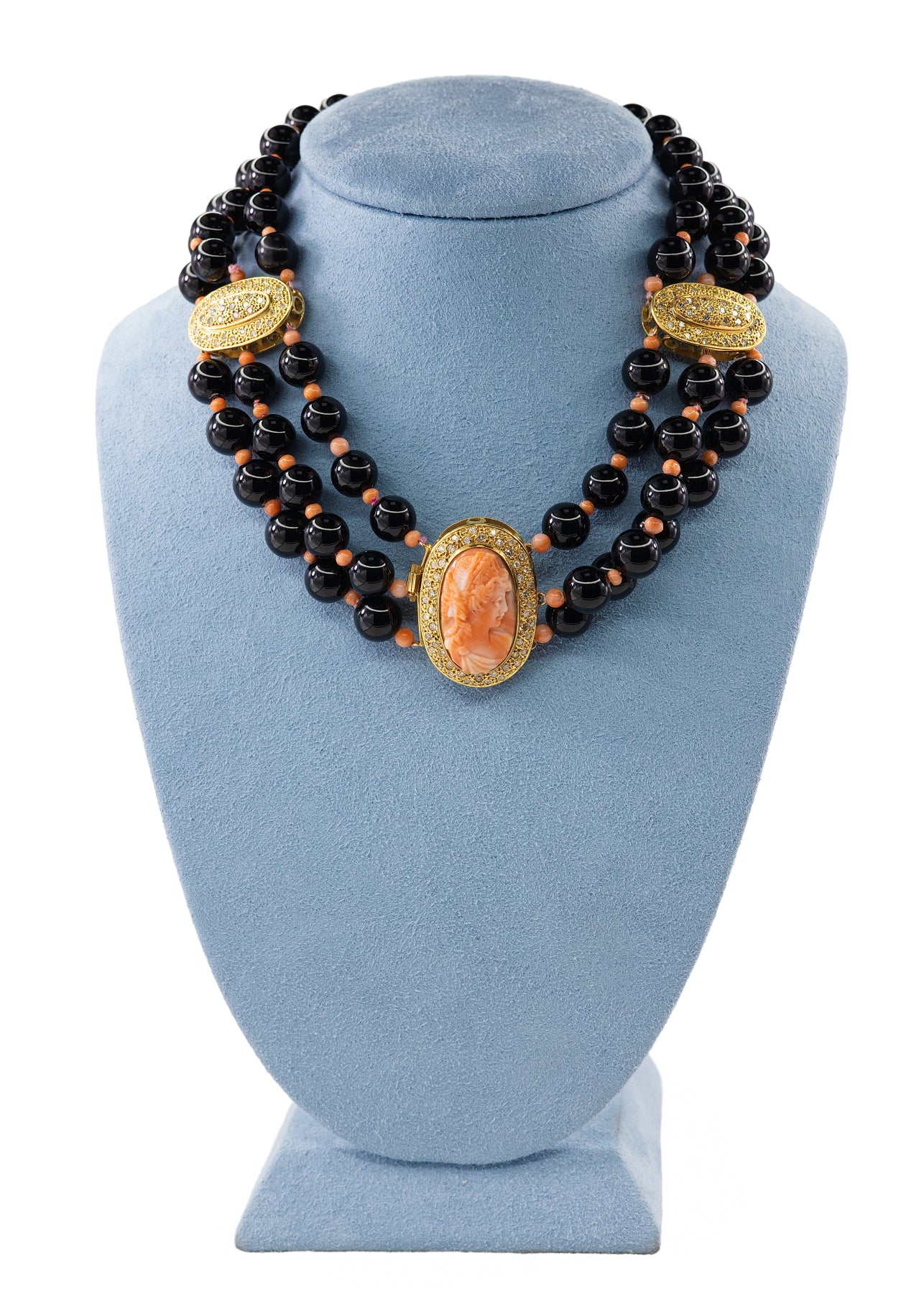 Yellow Gold, Black Onyx, Coral Cameo, and Diamond Three-Strand Statement Necklace