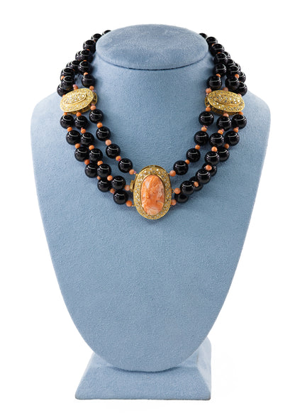 Yellow Gold, Black Onyx, Coral Cameo, and Diamond Three-Strand Statement Necklace