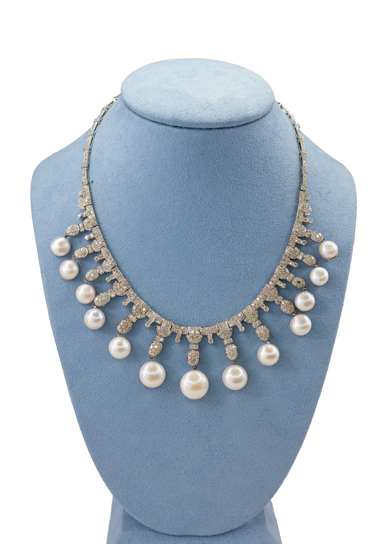 White Gold Diamond & Pearl Fringe Necklace