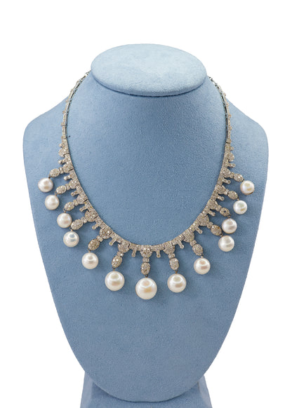 White Gold Diamond & Pearl Fringe Necklace