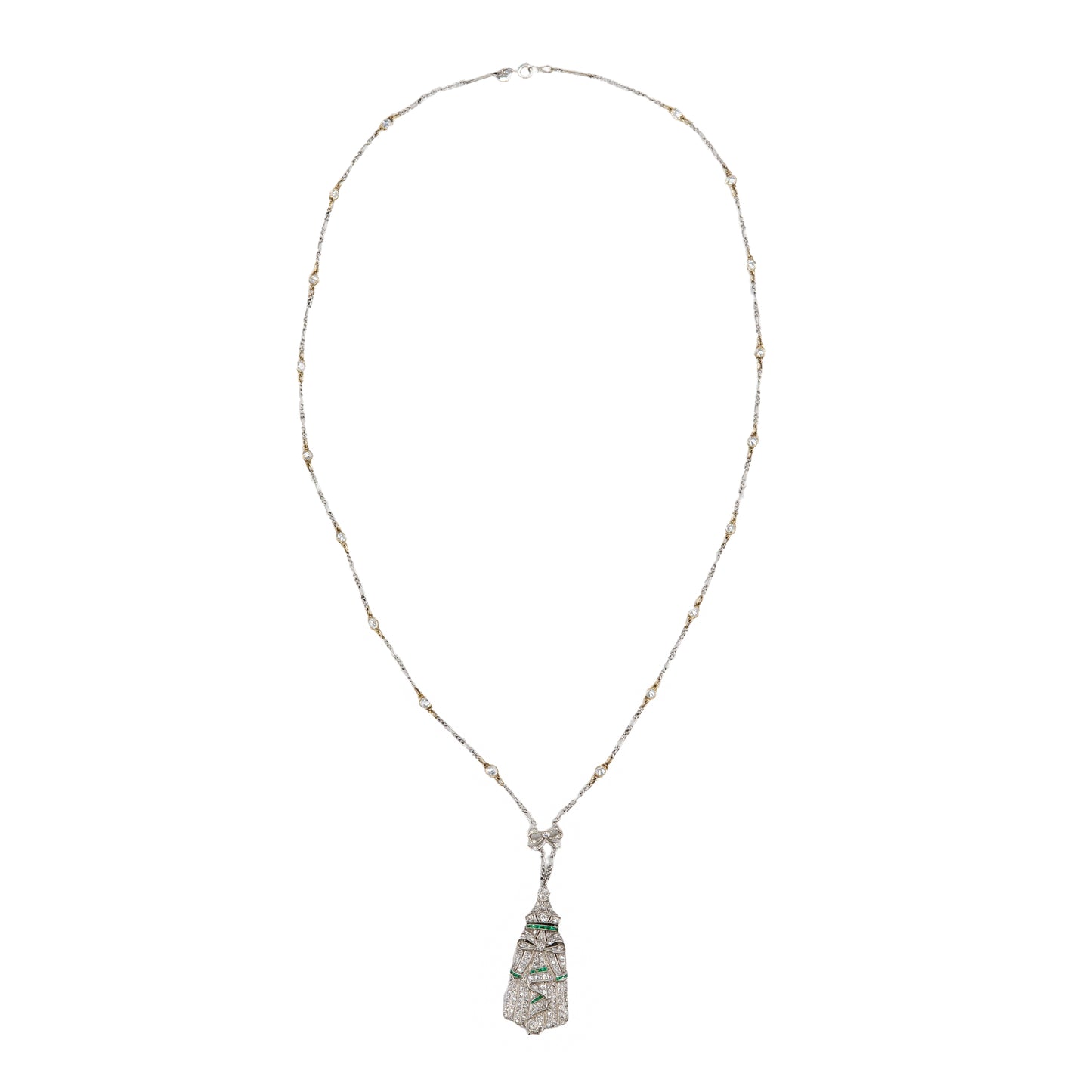 Platinum Art Deco Diamond and Emerald Geometric Pendant Necklace
