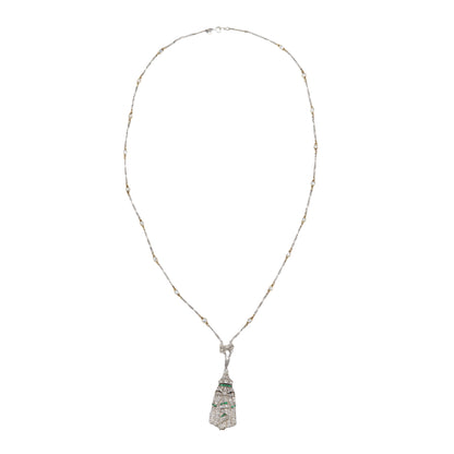 Platinum Art Deco Diamond and Emerald Geometric Pendant Necklace
