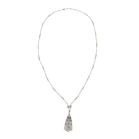 Platinum Art Deco Diamond and Emerald Geometric Pendant Necklace