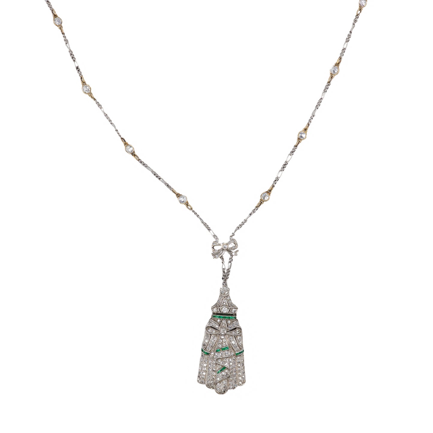 Platinum Art Deco Diamond and Emerald Geometric Pendant Necklace