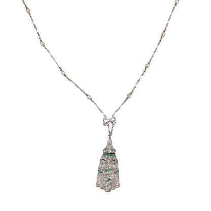 Platinum Art Deco Diamond and Emerald Geometric Pendant Necklace