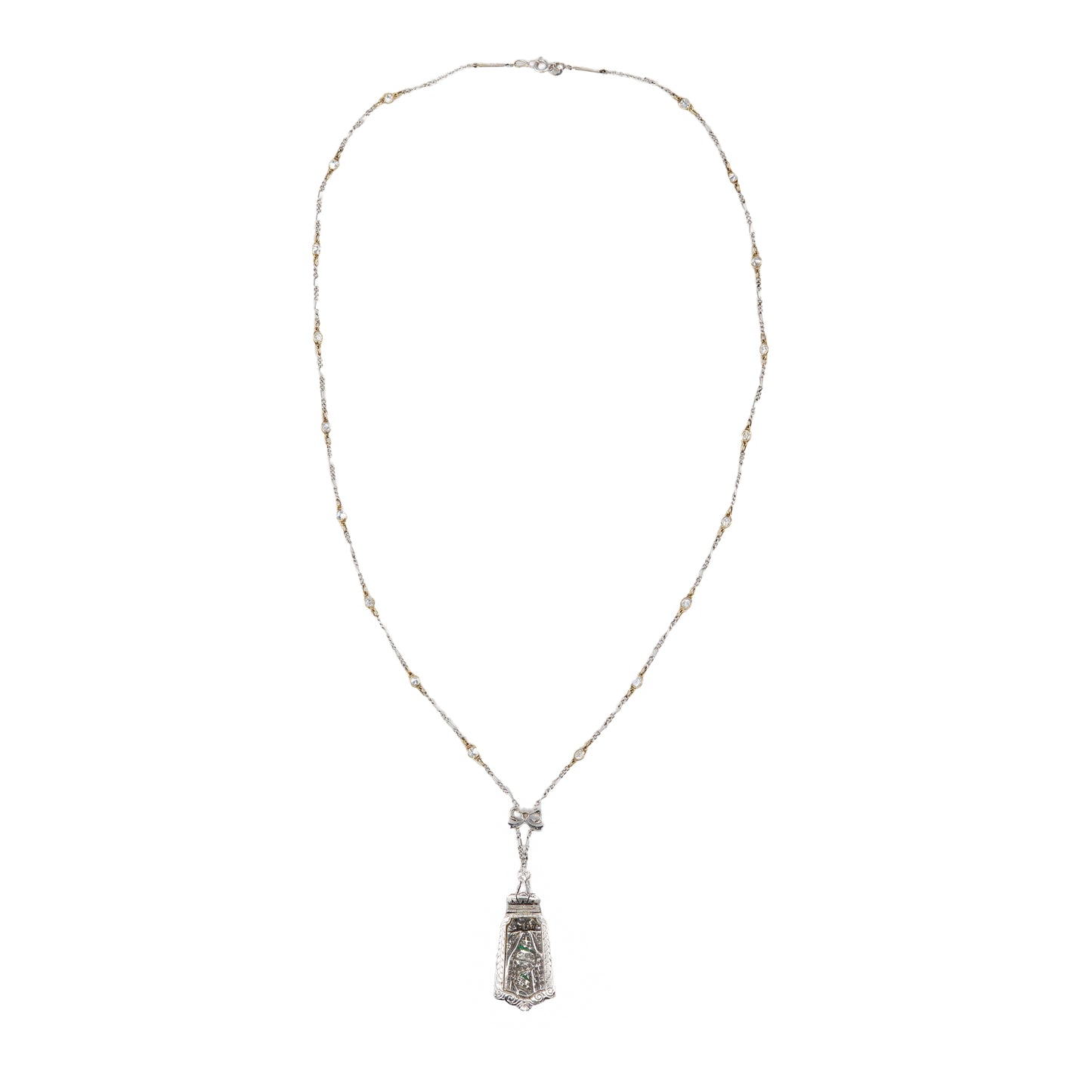 Platinum Art Deco Diamond and Emerald Geometric Pendant Necklace