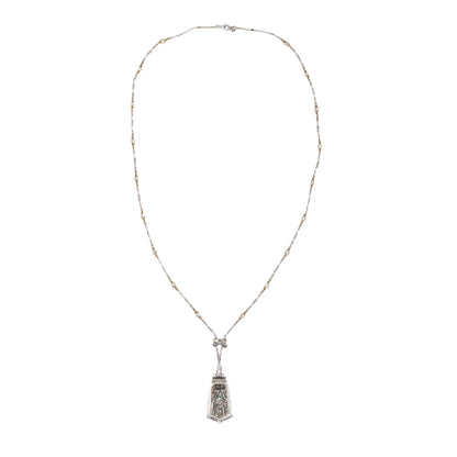 Platinum Art Deco Diamond and Emerald Geometric Pendant Necklace