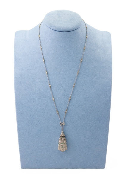 Platinum Art Deco Diamond and Emerald Geometric Pendant Necklace