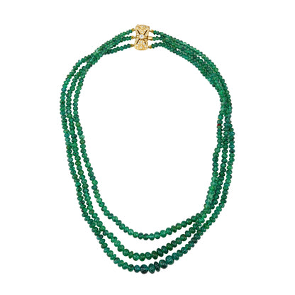 Yellow Gold Multi-Strand Emerald Bead Necklace with Diamond Filigree Clasp