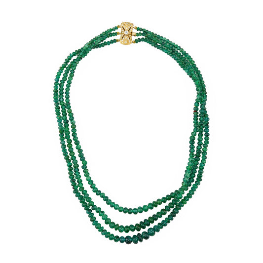 Yellow Gold Multi-Strand Emerald Bead Necklace with Diamond Filigree Clasp